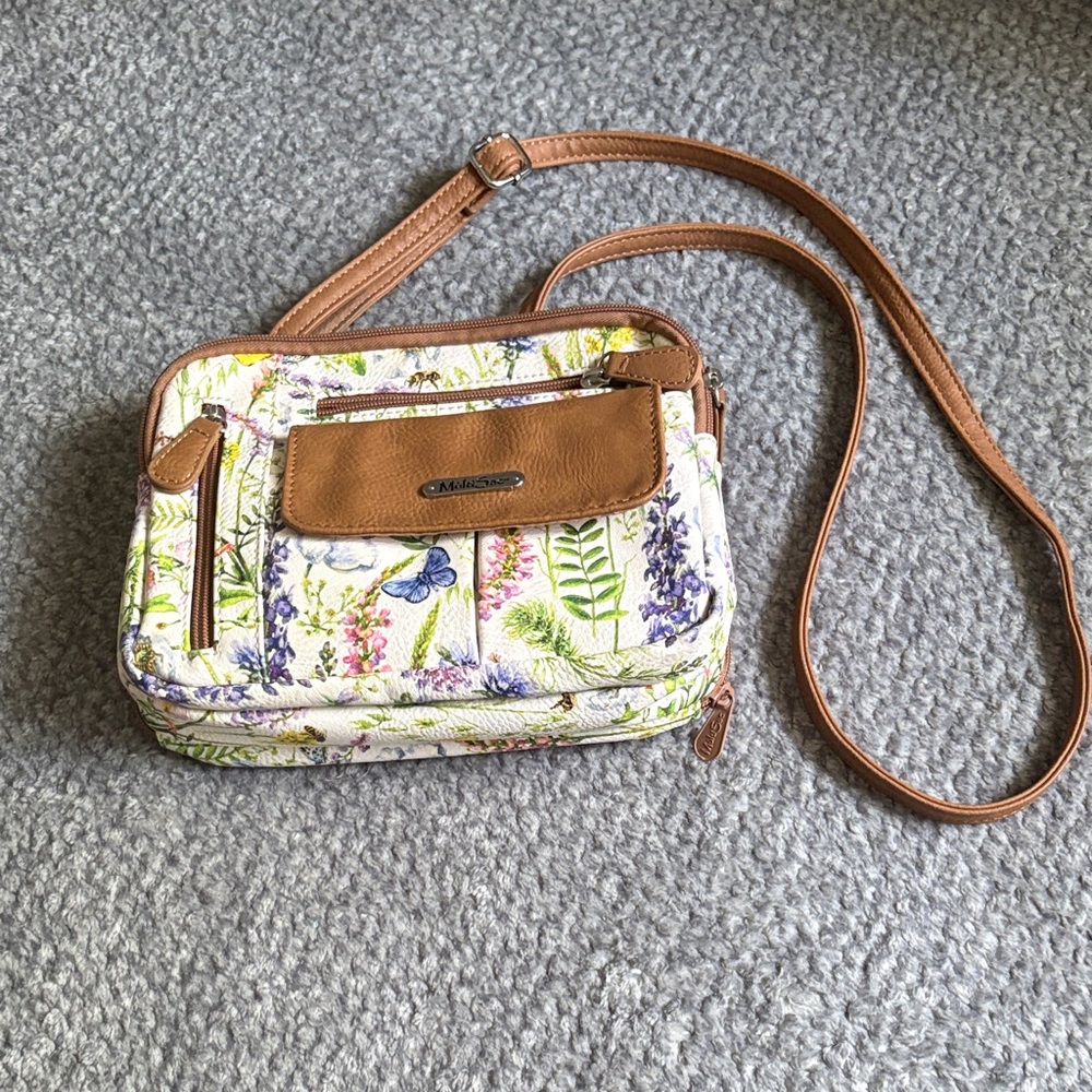 Floral Crossbody Bag with Tan Accents